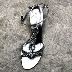 Anne Klein New York Silver Peep Toe Sling Backs Italy Crisscross Sandals 7.5